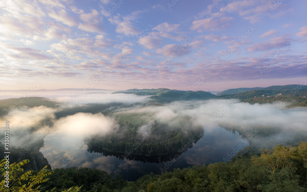 View of Vltava river. Meander from Solenice , aerial drone pic, Czech Republic