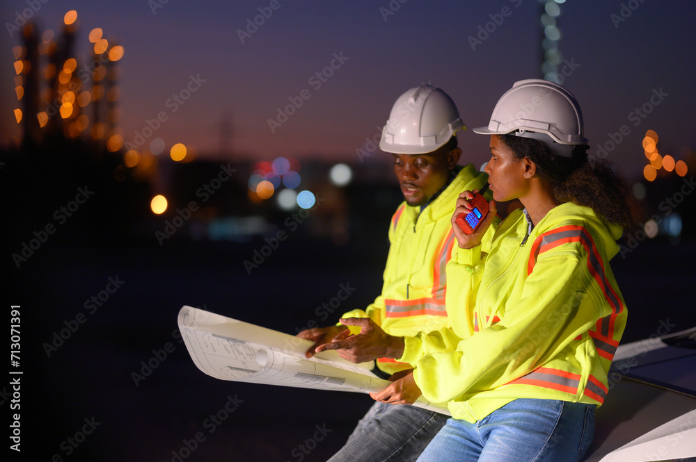 The maintenance engineer works with the computer and the green print on the bonnet in front of the power plant at night. The maintenance engineer works with the computer and the green print on the bonnet in front of the power plant at night.
