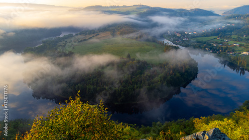 View of Vltava river. Meander from Solenice , aerial drone pic, Czech Republic