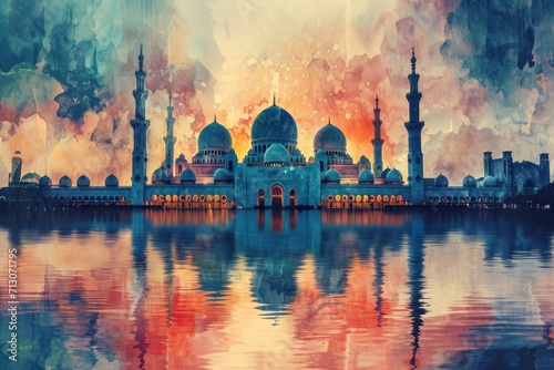 illustration style image of mecca mosque watercolor abstract photo