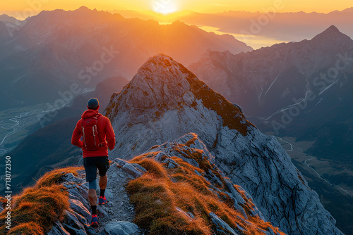 A solitary hiker in a red jacket ascends a rocky mountain path against a stunning backdrop of golden sunrise and misty mountain peaks.