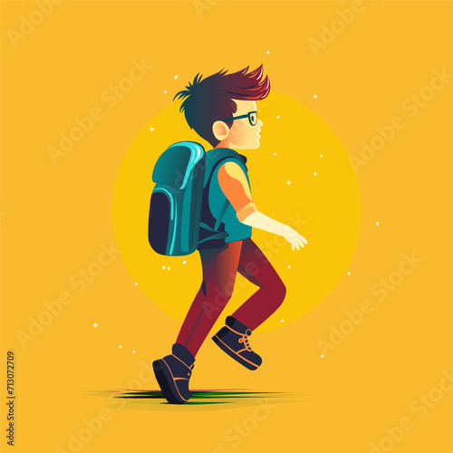 Child boy with school backpack go back to school, yellow background. Success, motivation, winner, genius concept, vector illustration