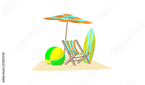 beach umbrella, sun lounger and board for water walks