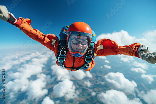 A skydiver in an orange jumpsuit and helmet is free-falling against a backdrop of a clear blue sky and fluffy white clouds.