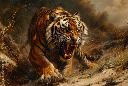 Illustration of an aggressive tiger ready to attack, dangerous wild cat photo