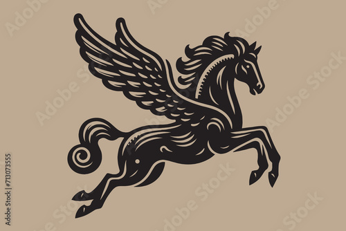 Flying horse with wings. Mythical creature Pegasus. Vintage retro engraving illustration. Black icon, logo, label. isolated element. photo