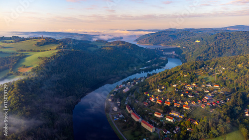 View of Vltava river. Meander from Solenice , aerial drone pic, Czech Republic