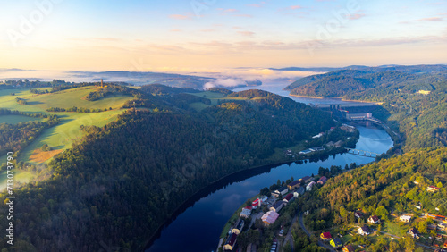 View of Vltava river. Meander from Solenice , aerial drone pic, Czech Republic photo
