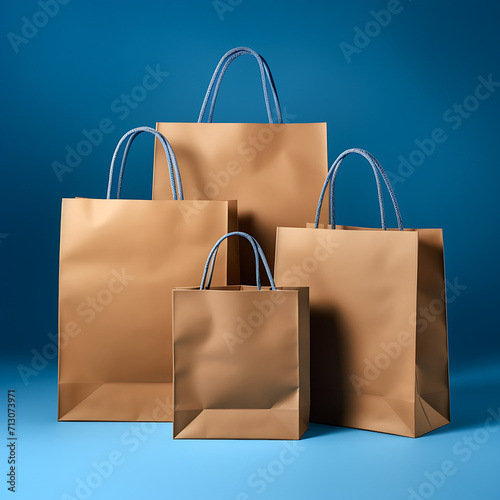 different types of brown paper bag with premium background in blue colour , brown paper bag of different sizes from bigger to smaller