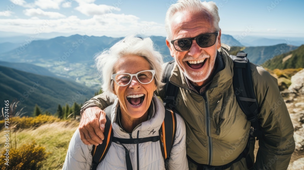 Joyful elderly couple hiking together with a scenic mountain backdrop. Joyful elderly couple hiking together with a scenic mountain backdrop.