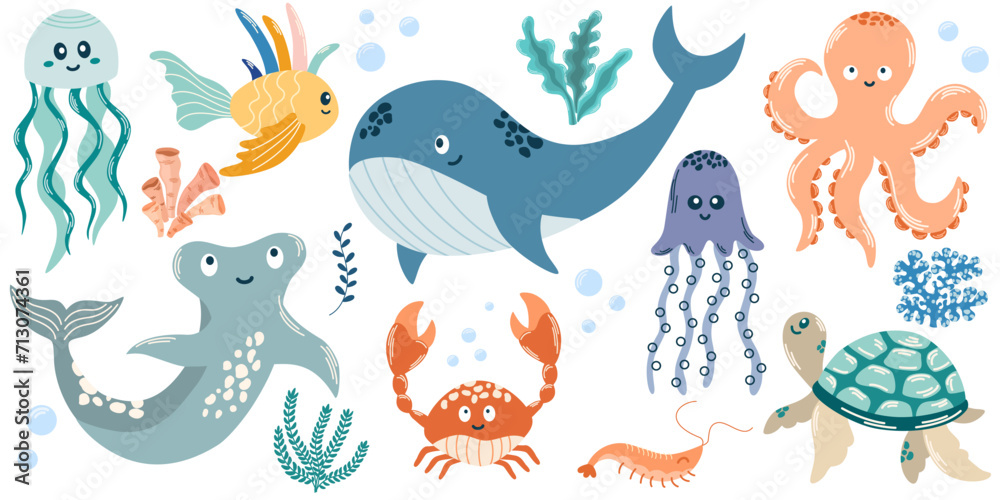 Set with hand drawn sea life elements. Sea animals. Whale, crab, turtle, fish, medusa, octopus, starfish. Vector doodle cartoon set of marine life objects for your design. Set with hand drawn sea life elements. Sea animals. Whale, crab, turtle, fish, medusa, octopus, starfish. Vector doodle cartoon set of marine life objects for your design.