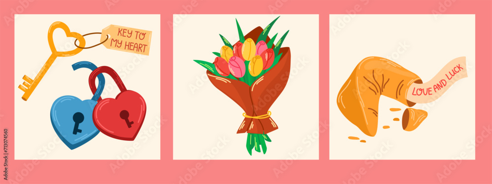 Valentines Day card set. Bouquet of tulips, fortune cookies, key and lock. For website banner, Sale, Valentine card, cover, flyer or poster trendy vector illustration