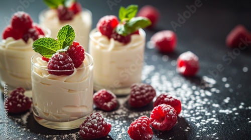 White chocolate mousse served in individual glasses, garnished with raspberries and mint leaves