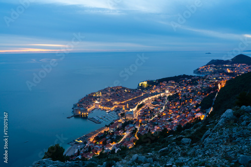 Aerial view of Dubrovnik city by night