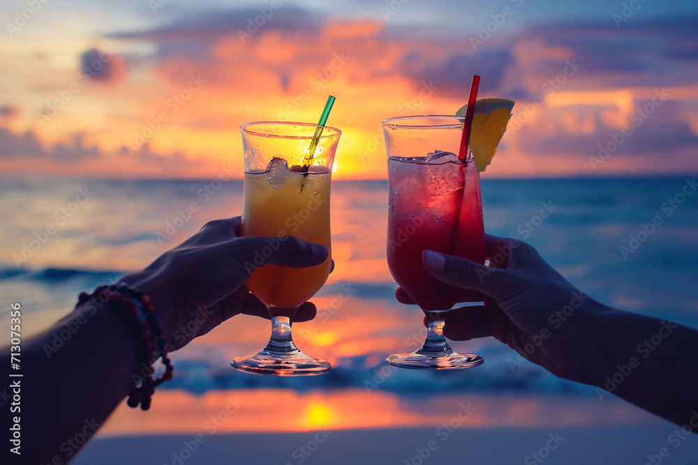 Two people toasting cocktails at the beach during sunset close-up, summer vacation enjoyment - obrazy, fototapety, plakaty 