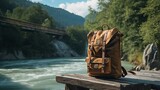 Backpack on Wooden Bridge over Rushing River