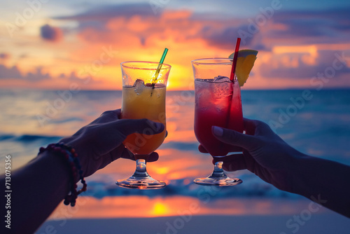 Two people toasting cocktails at the beach during sunset close-up, summer vacation enjoyment