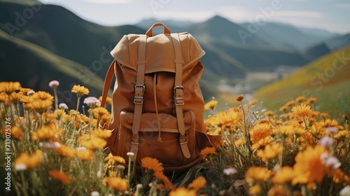 Colorful Backpack Surrounded by Flower Field and Majestic Mountains