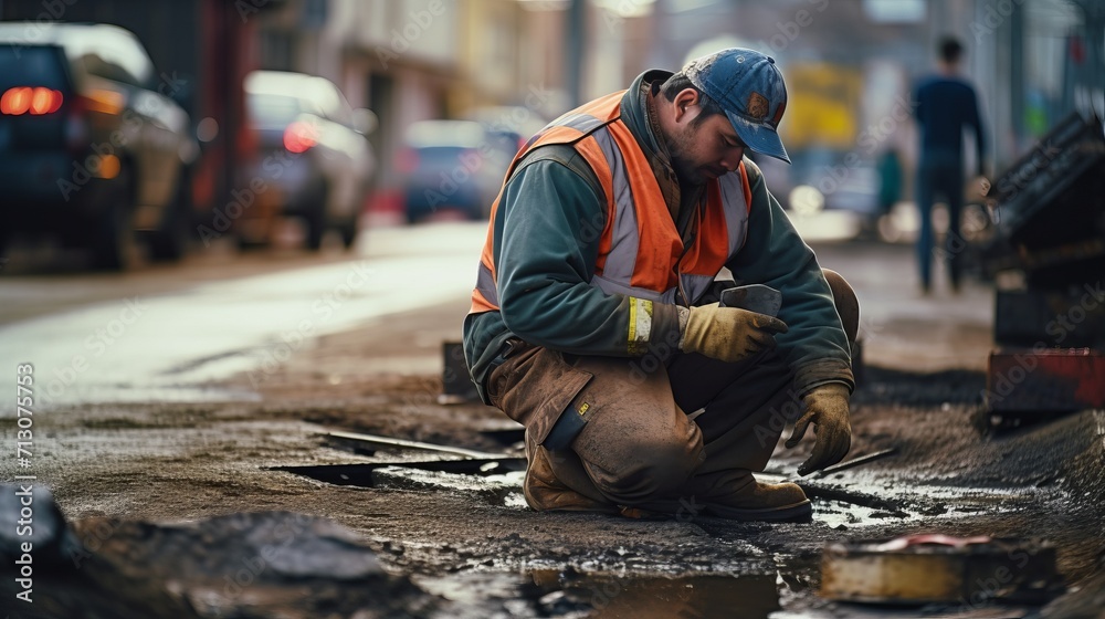 City Maintenance Worker Examining Pothole - obrazy, fototapety, plakaty 