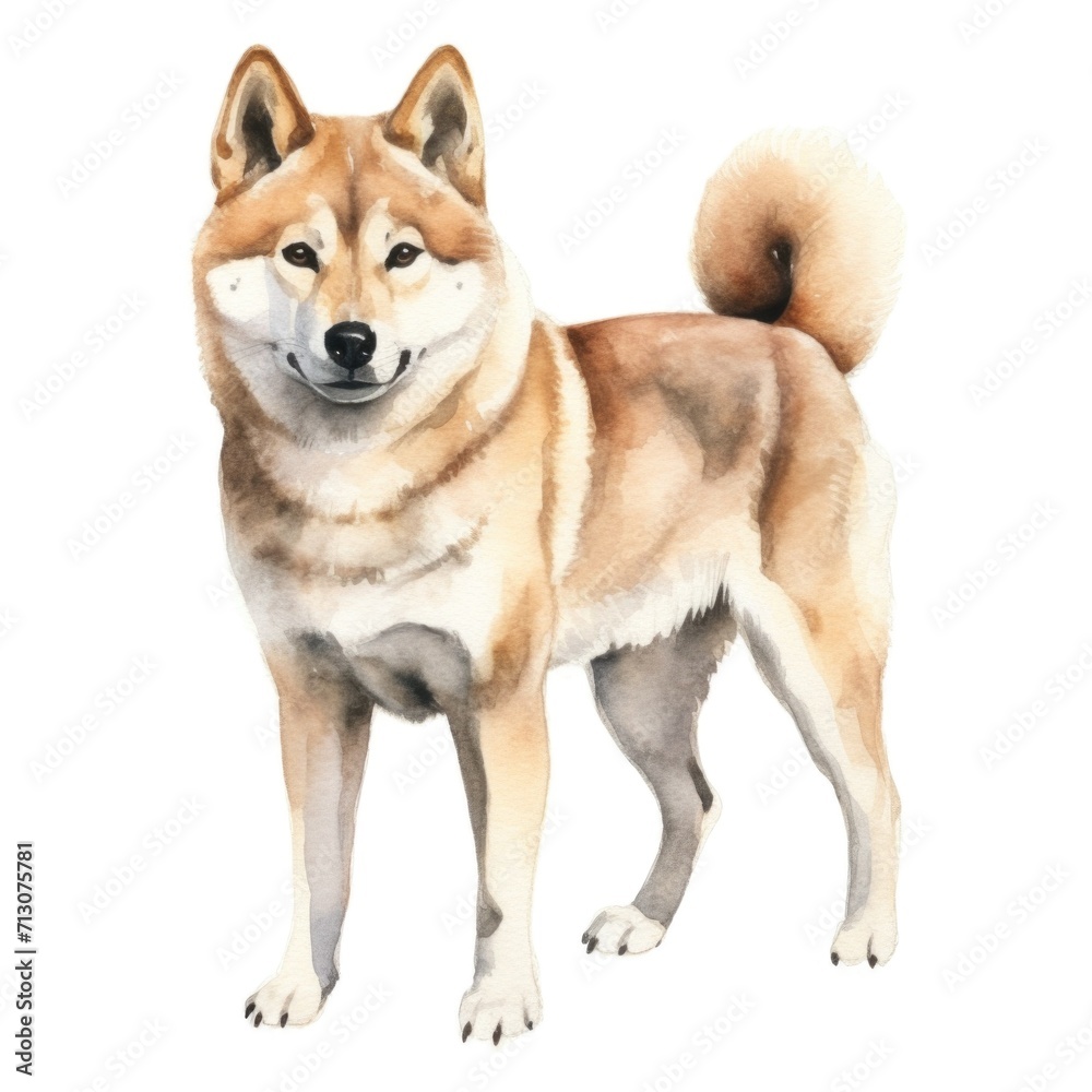 Shiba Inu dog breed watercolor illustration. Cute pet drawing isolated on white background.