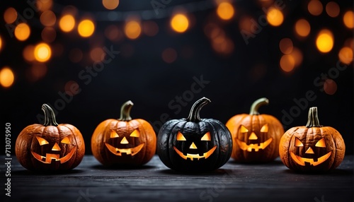 Spooky Jack O Lantern pumpkins on an black background © WrongWay