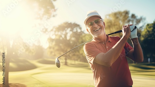 Joyful senior man playing golf during golden hour, perfecting his swing on the green. photo