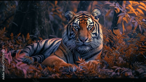 a tiger is lying down in the forest looking at the camera, in the style of ultraviolet photography, realistic animal portraits, indonesian art, photo taken with provia photo