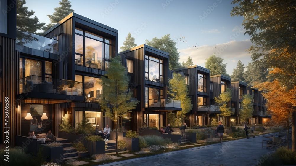 Obraz premium Contemporary modular townhouses stylish private homes with modern exterior architecture