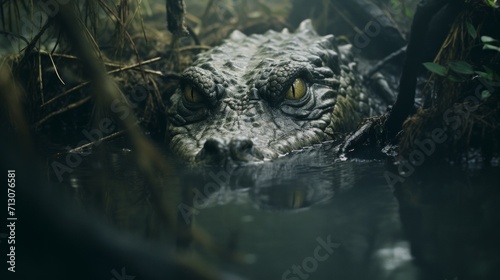 Submerged Crocodile in Murky Swamp