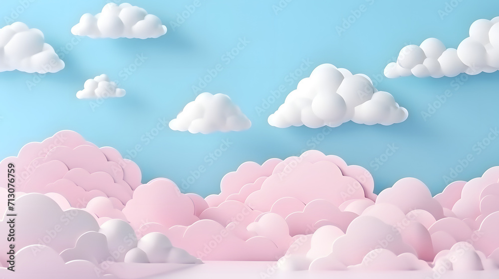 Paper fluffy clouds and in the sky. Modern 3d paper