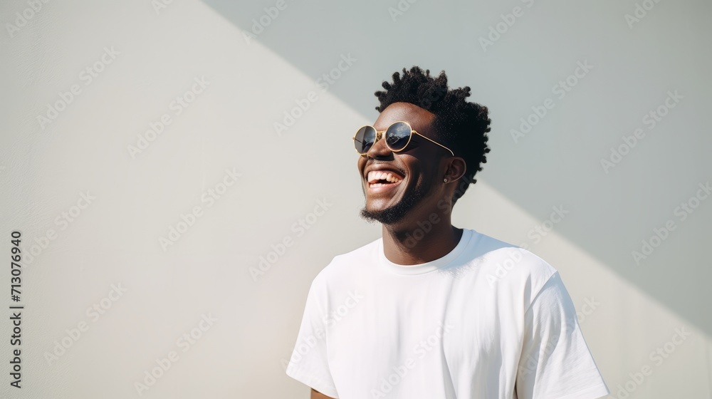 Carefree Black Man Laughing Against White Wall
