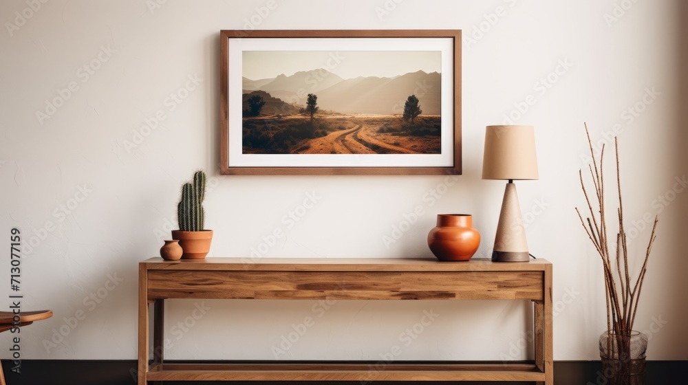 Frame Mockup on a Classic Wooden Console Table in a Modern Living Room Frame Mockup on a Classic Wooden Console Table in a Modern Living Room
