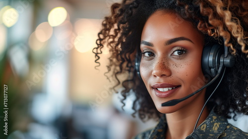 Customer service representative with curly hair talking through headset