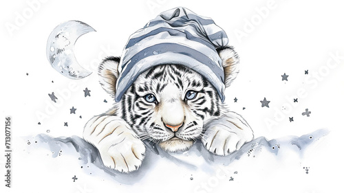 White tiger cub in the jungle wearing a night hat under the starry sky