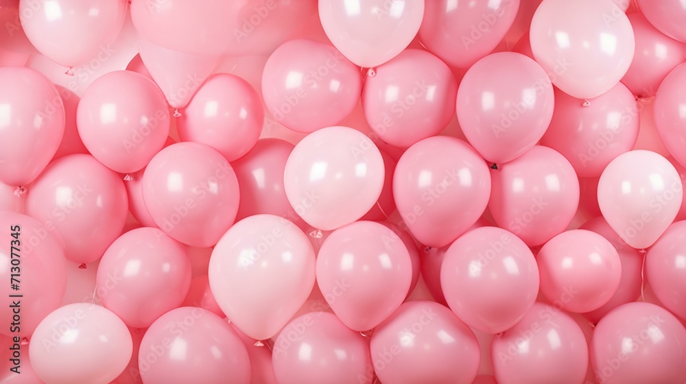 Many pink balloons are arranged in a row. Generative AI.
