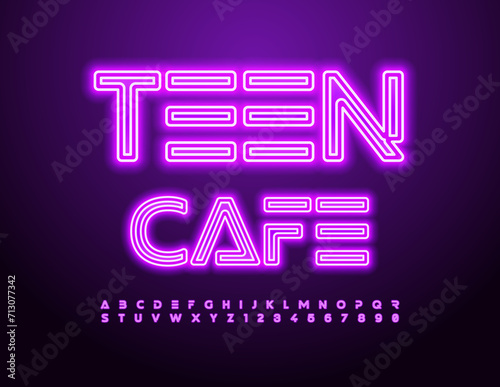 Vector glowing logo Teen Cafe. Unique illuminated Font. Purple Neon Alphabet Letters and Numbers.