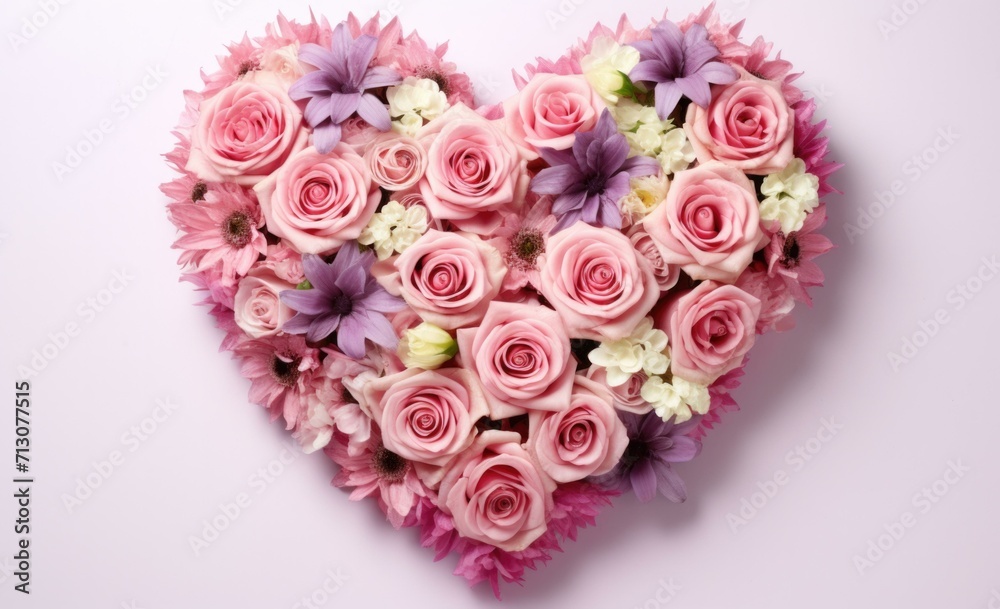 A heart shaped arrangement of pink roses and purple flowers. Generative AI.