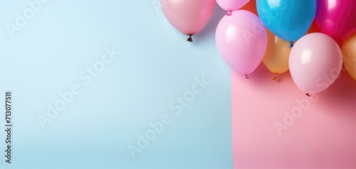 Colorful balloons on a pink and blue background. Generative AI.