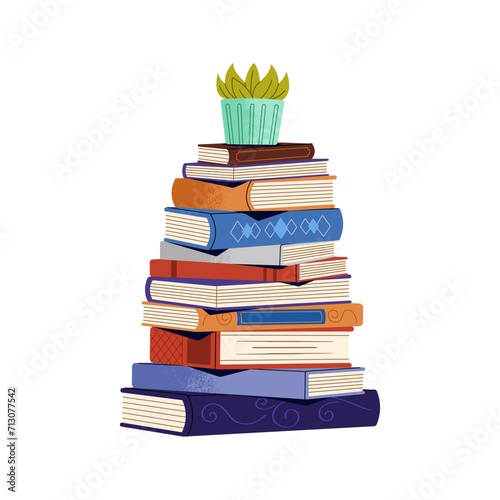 Huge paper books stack with home plant above. Big pile of fictions, thick novels. Cute houseplant standing on heap of literature. Reading sticker. Flat isolated vector illustration on white background