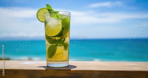A glass of mojito on a wooden table with the ocean in the background. Generative AI.