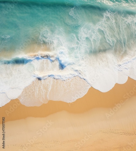 An aerial view of a beach with waves and sand. Generative AI.