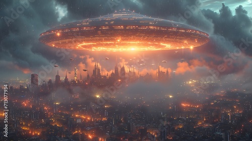 a futuristic city with a flying saucer in the sky