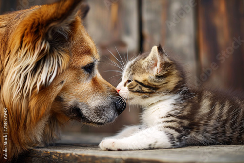 A kitten making friends with a bigger dog  cute animal friendship