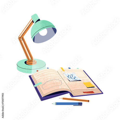 Open notebook with desk lamp above. Planner for time management. Student book for study. Notepad for writing notes, thoughts. Education sticker. Flat isolated vector illustration on white background