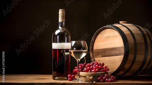 Red and white wine bottle and glass on widen keg