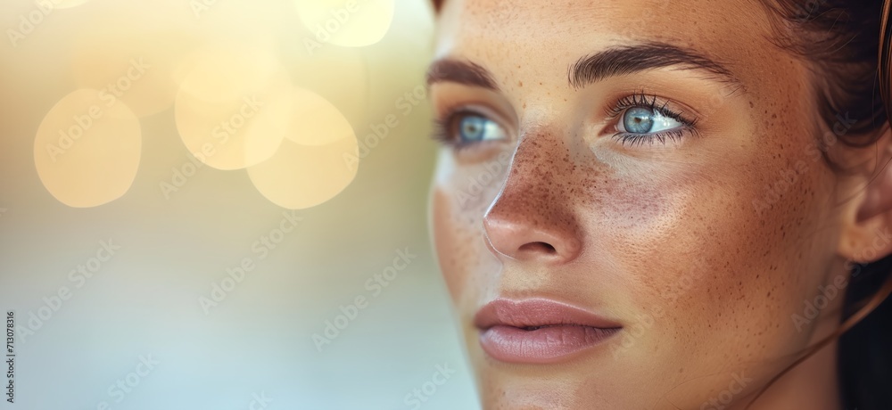 a woman with freckles on her face