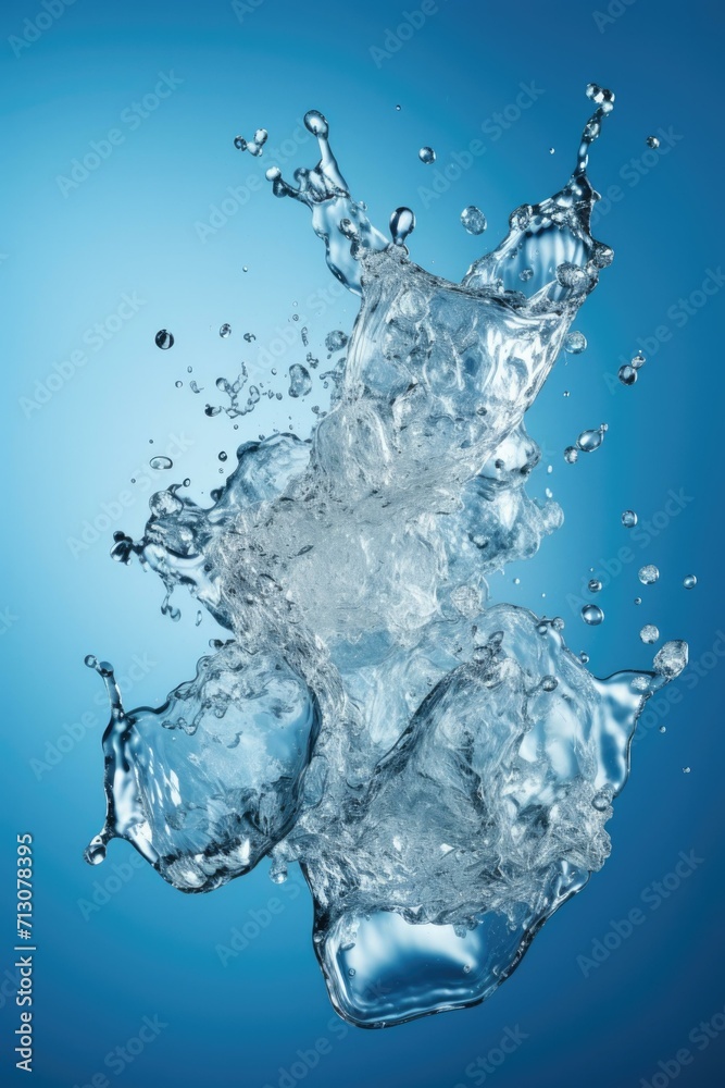 Water splash on blue background. Generative AI. Water splash on blue background. Generative AI.