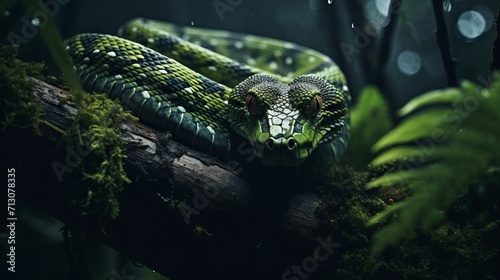 Stealthy Viper Ready to Ambush Prey in Misty Cloud Forest