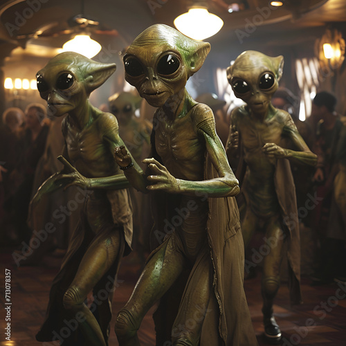 A group of aliens trying to decipher a confusing Earthly custom, such as a quirky dance move © Серий Тян