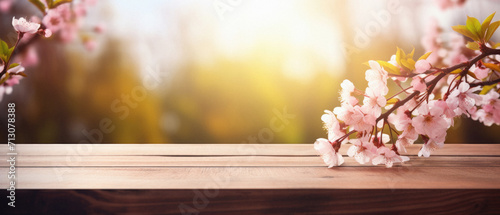 Wooden table spring nature bokeh background  empty wood desk product display mockup with green park sunny blurry abstract garden backdrop landscape ads showcase presentation. Mock up  copy space.